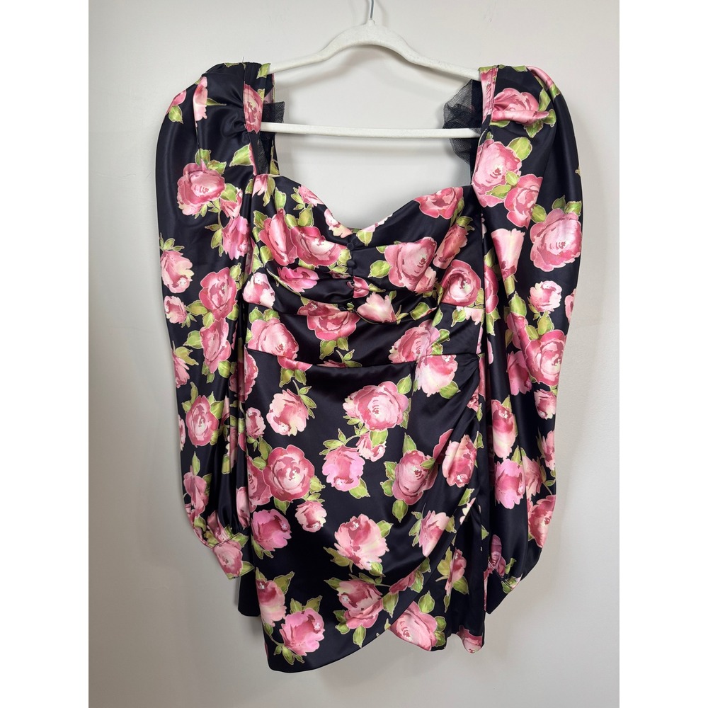 House of CB Black Pink Floral Satin Puff Sleeve Mini Dress Size L Rose Print - Picture 2 of 10